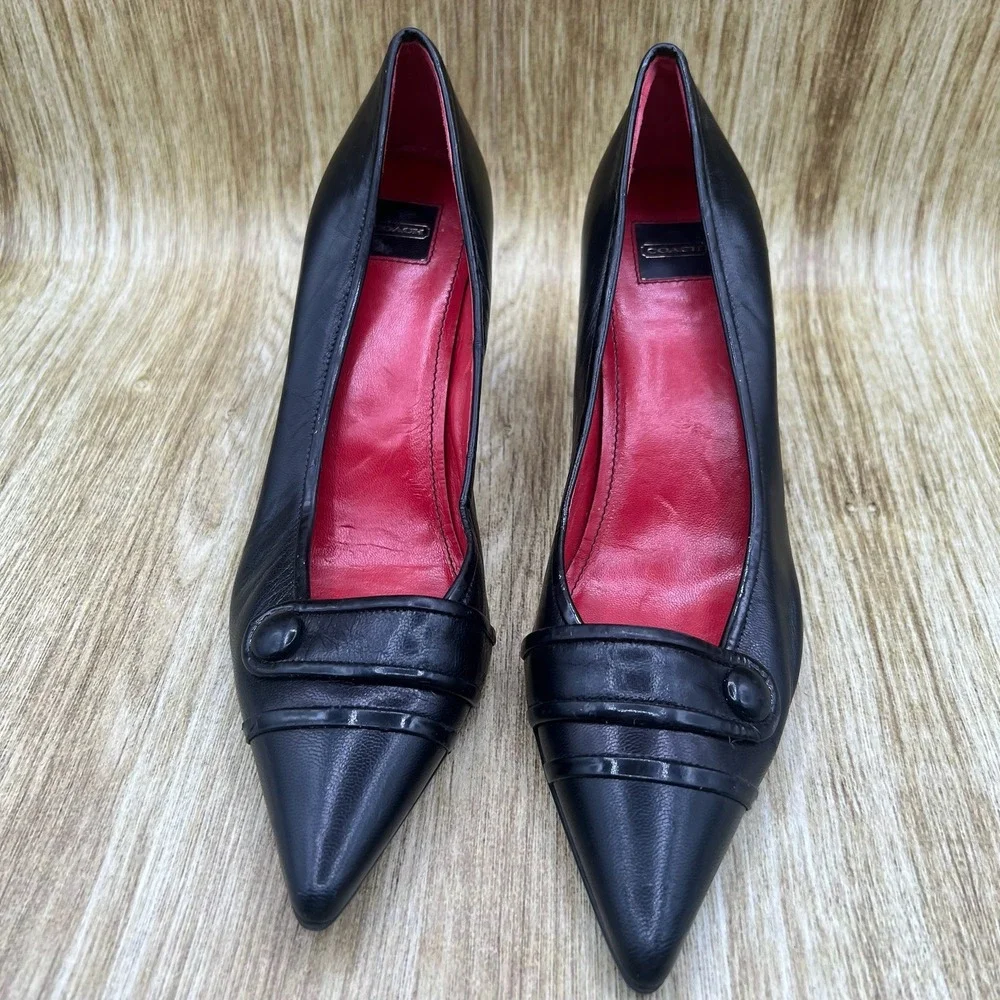 Coach Pointed Toe Pumps Women's Size 8 B Black Button Pleated Stiletto Heels